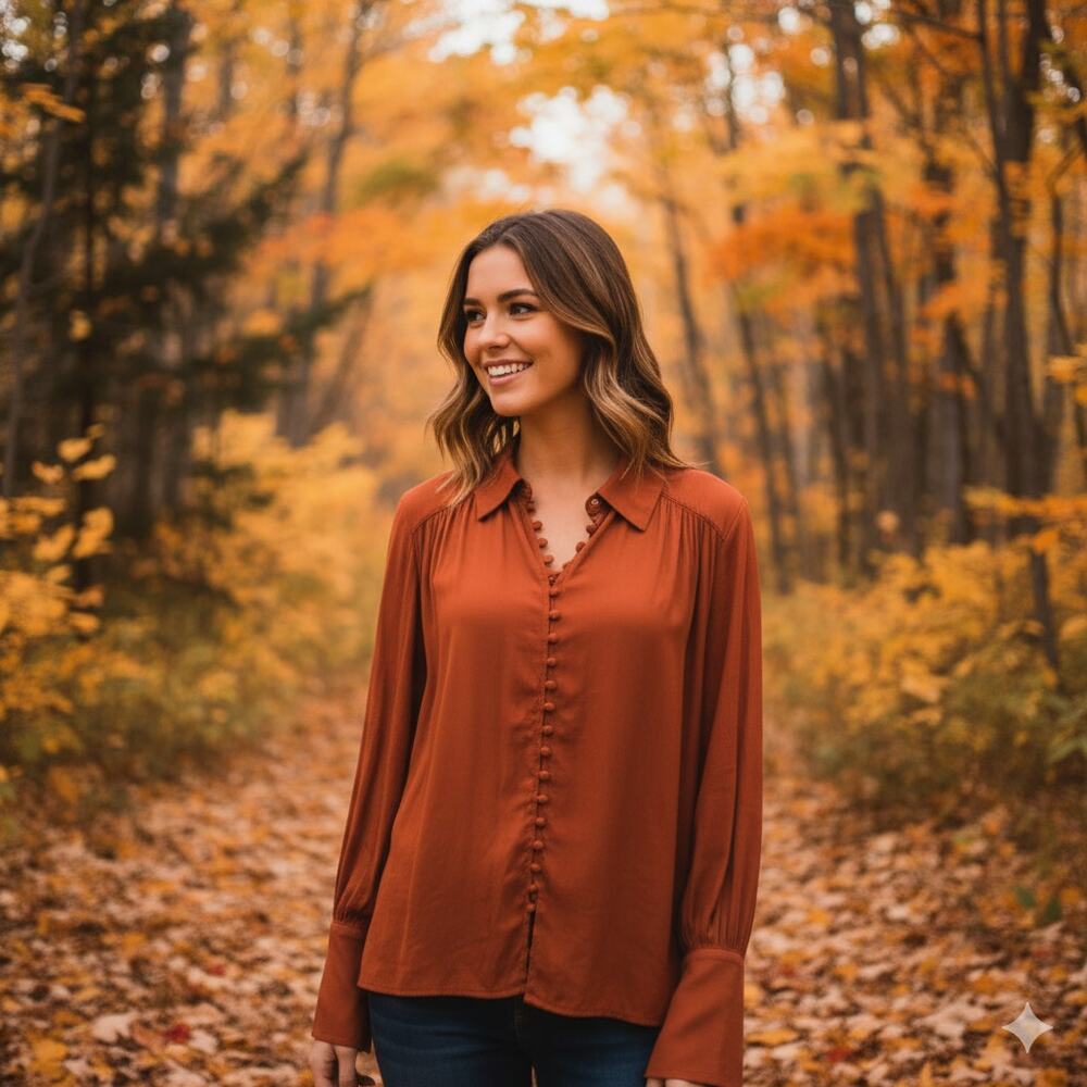 Free People Button Down Front Top Collar Flared Sleeves Rust Burnt Orange Size M